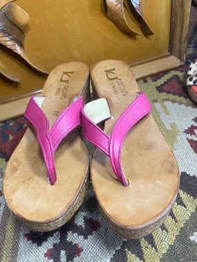 K.Jacques St Tropez Pink Leather Cork Platform Thong Sandals size 39